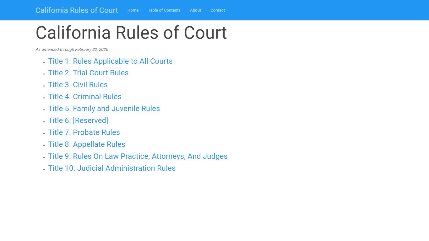 Table of Contents | California Rules of Court